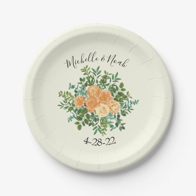 Peach Ivory Hochzeit Vintage Rose Pappteller (Vorderseite)