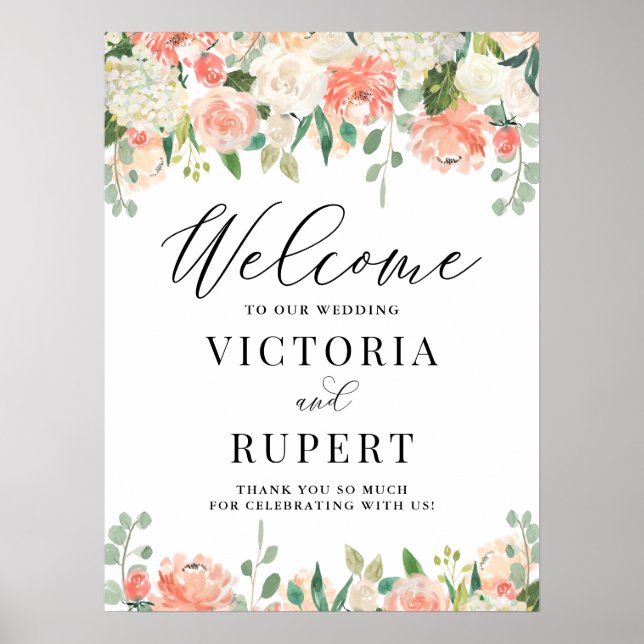 Peach Ivory Peony and Hydrangea Wedding Willkommen Poster (Vorne)