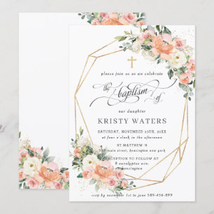 Peach Ivory Pink Blumengrün Taufe Geometrische Einladung