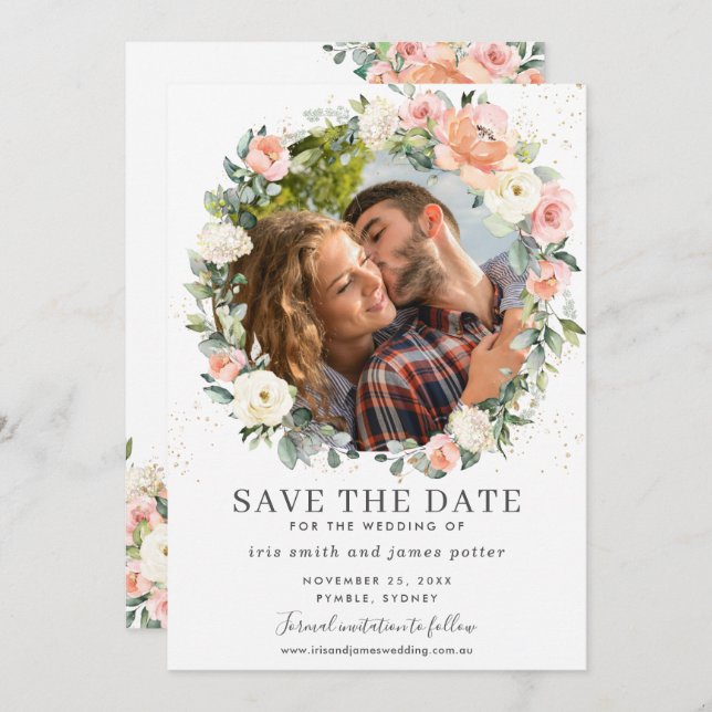 Peach Ivory Pink Floral Foto Save the Date Karte (Vorne/Hinten)