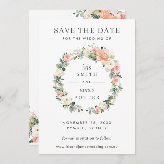 Peach Ivory Pink Floral Wedding Save the Date Card Einladung (Vorne/Hinten)