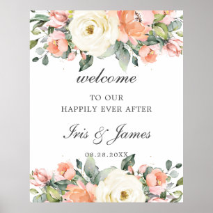 Peach Ivory Pink Floral Wedding Willkommenszeichen Poster