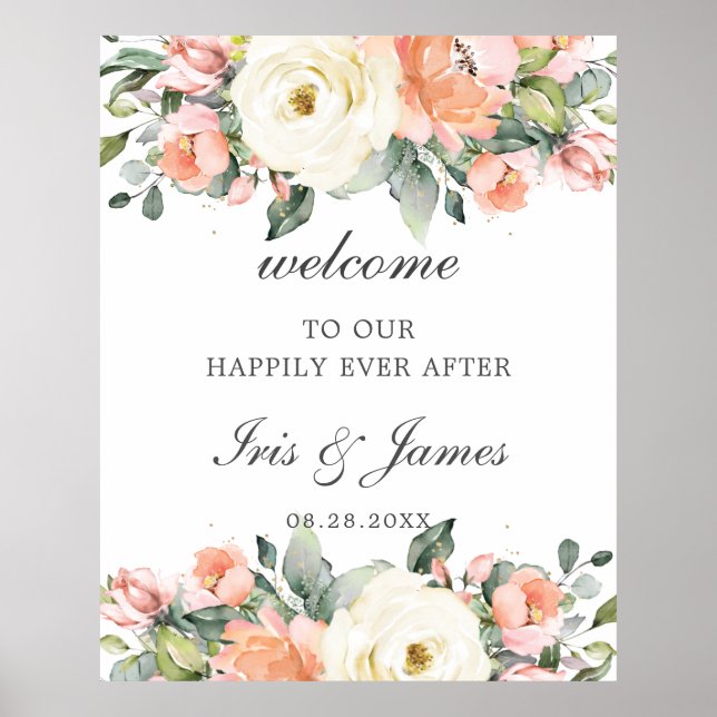Peach Ivory Pink Floral Wedding Willkommenszeichen Poster (Vorne)