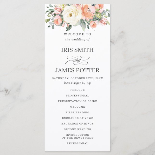 Peach Ivory White Pink Floral Wedding Programm (Vorderseite)