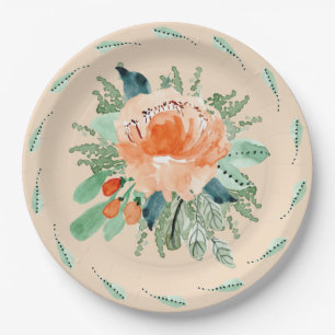 Peach Jade Aquamarin Floral Watercolor Geburtstag Pappteller