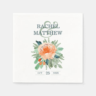 Peach Jade Aquamarin Floral Watercolor Hochzeit Na Serviette