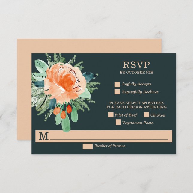 Peach Jade Aquamarin Floral Wedding RSVP Cards (Vorne/Hinten)