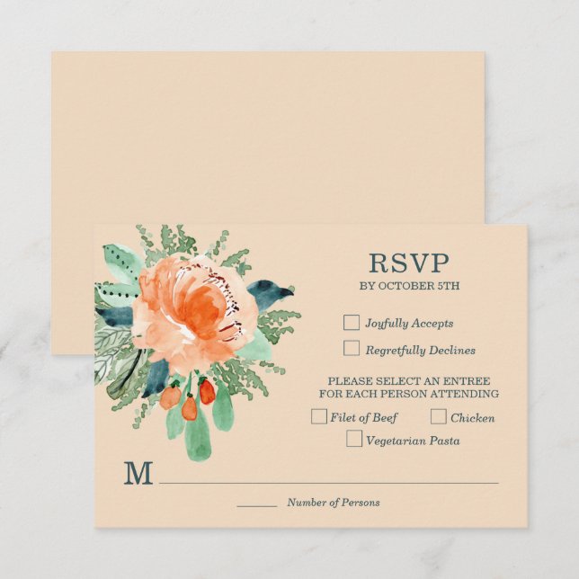 Peach Jade Aquamarin Floral Wedding RSVP Cards (Vorne/Hinten)