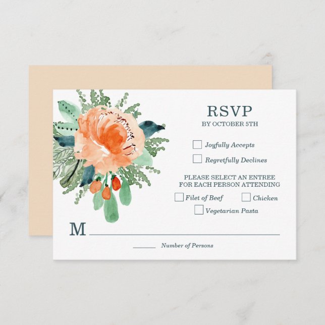Peach Jade Aquamarin Floral Wedding RSVP Cards (Vorne/Hinten)