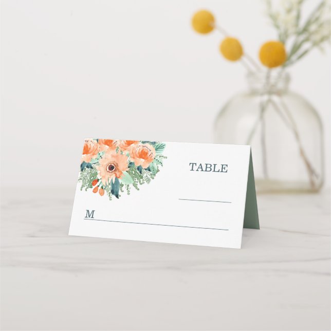 Peach Jade Aquamarin Watercolor Wedding Placecards Platzkarte (Vorderseite)