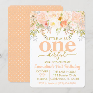 Peach Kleine Miss ONEderful Girl Erster Geburtstag Einladung