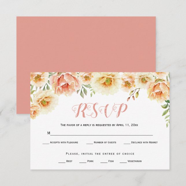 Peach Koral Aquarellfarben Blume Hochzeit RSVP-Kar RSVP Karte (Vorne/Hinten)