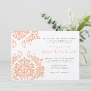 Peach Koral und Pilz Damask Hochzeit Einladung