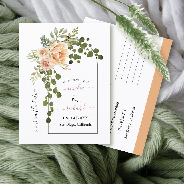 Peach Korallen Blume Bogen Hochzeit Speichern Sie  Postkarte (Von Creator hochgeladen)