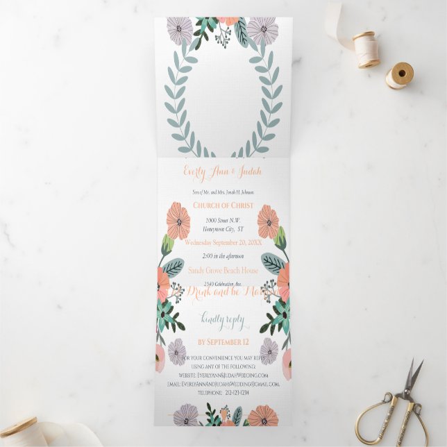 Peach Lavender Liebe Mint Grüne Blumenhochzeit Dreifach Gefaltete Einladung (Innenseite)