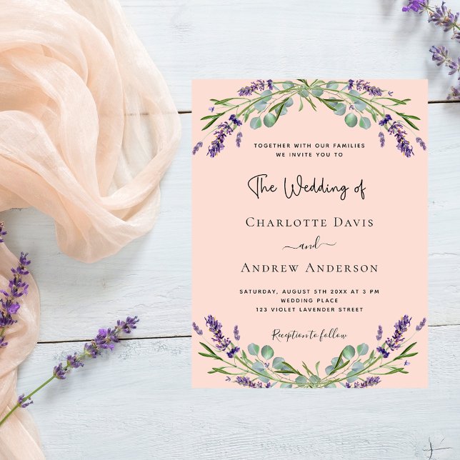 Peach lavender violette florale grüne Hochzeit Einladungspostkarte (Von Creator hochgeladen)