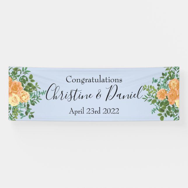 Peach & Light Blue Peony & Rose Blumenhochzeit Banner (Horizontal)
