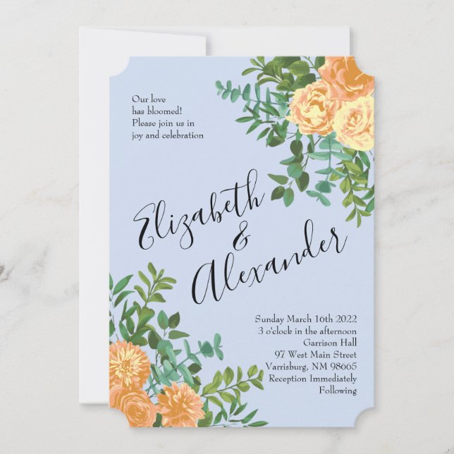 Peach Light Blue Wedding Rose Blues Einladung (Vorderseite)