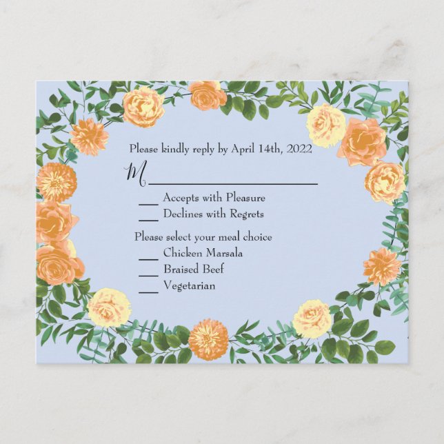 Peach Light Blue Wedding Rose Blues Postkarte (Vorderseite)