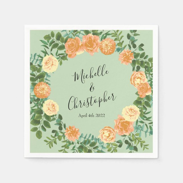 Peach & Light Green Peony & Rose Blumenhochzeit Serviette (Vorderseite)