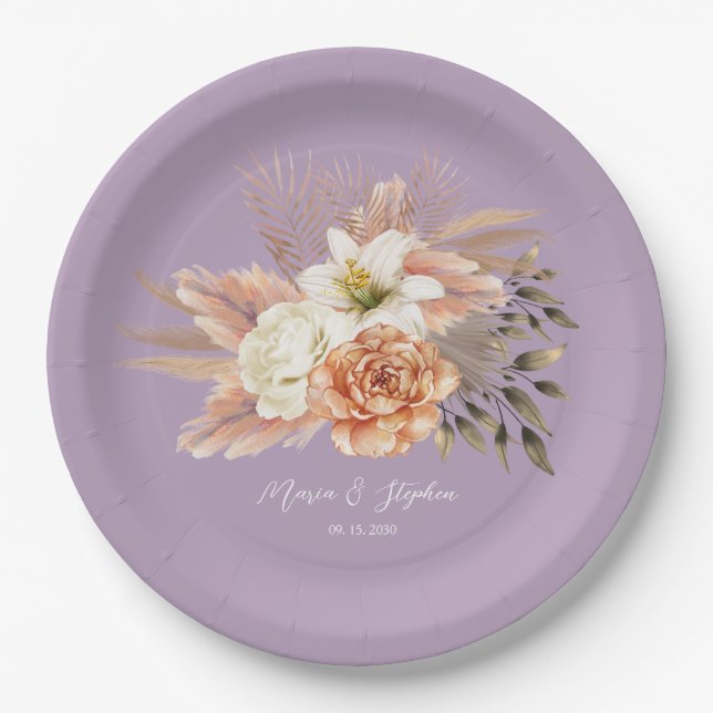 Peach Lila Floral Wedding Pappteller (Vorderseite)