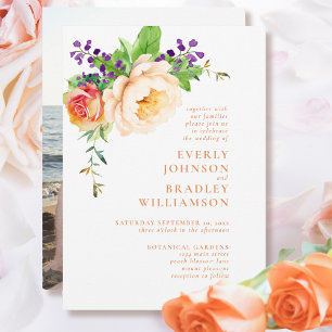 Peach Lila Watercolor Floral Romantische Hochzeit Einladung