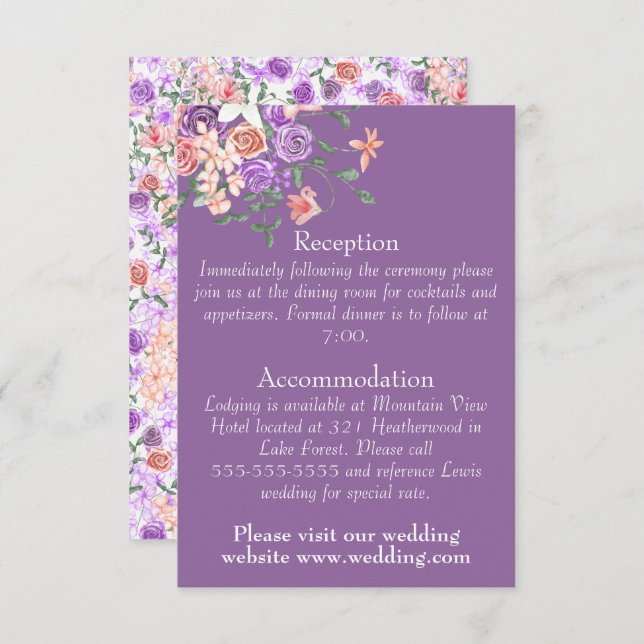 Peach, Lilac & Clay Rose Bouquet Wedding Details Begleitkarte (Vorne/Hinten)