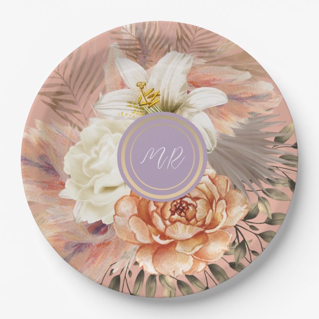 Peach Lilac Floral Wedding Pappteller (Vorderseite)