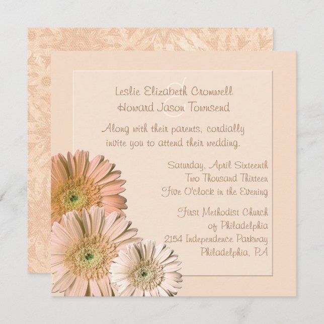 Peach Linen Gerber Daisy Custom Wedding Einladung (Vorne/Hinten)