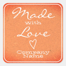 Peach Made with Liebe Labels Kraft Paper Heart Quadratischer Aufkleber