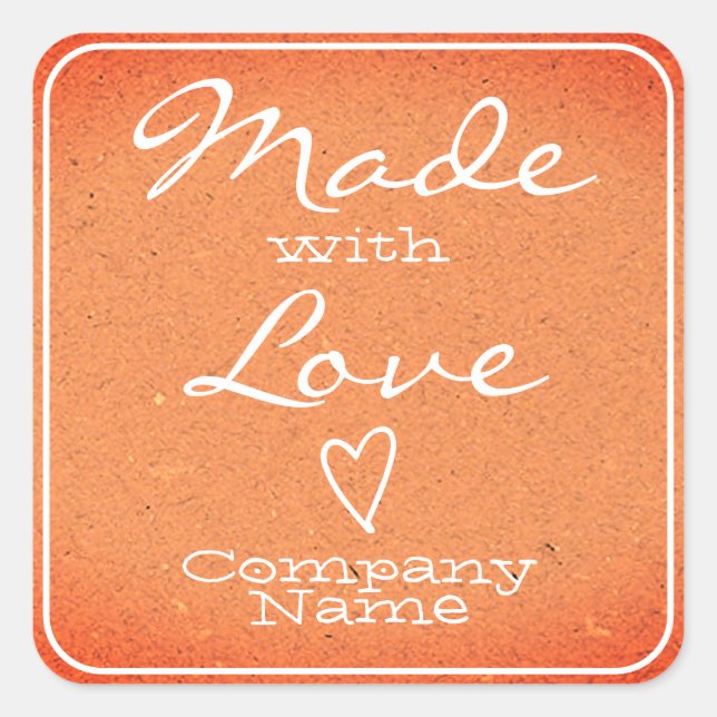 Peach Made with Liebe Labels Kraft Paper Heart Quadratischer Aufkleber (Vorderseite)