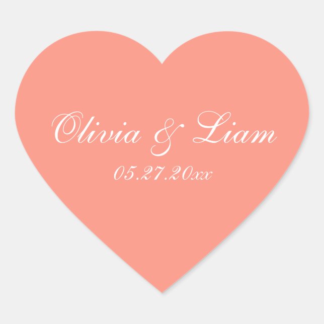 Peach Melon Name Date Elegante Hochzeit Herz-Aufkleber (Vorderseite)