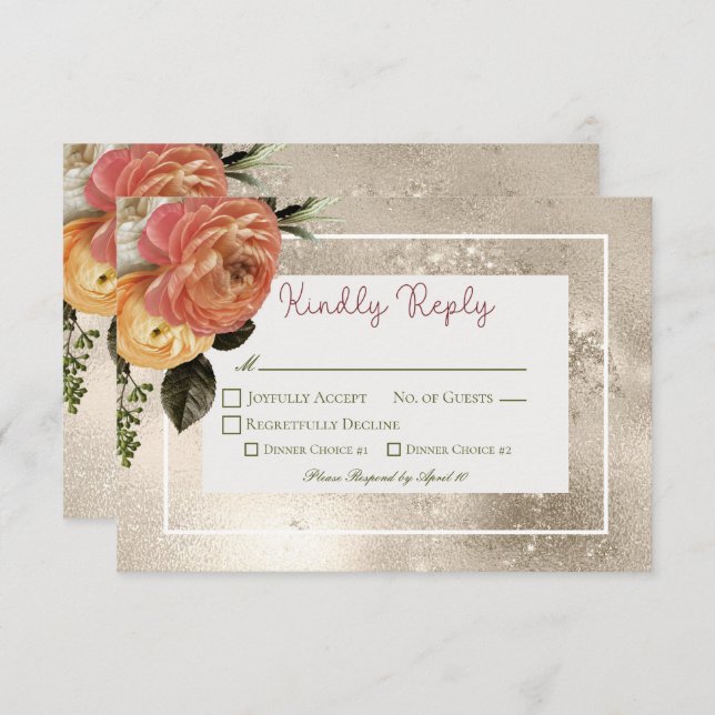Peach Mimosa Blooms Floral Gold Hochzeit RSVP Karte (Vorne/Hinten)