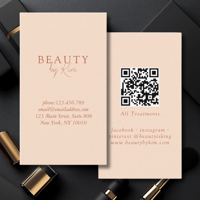 Peach Minimal Elegant, Salon QR Code Visitenkarte (Peach Minimal Elegant, Salon QR Code Business Card)