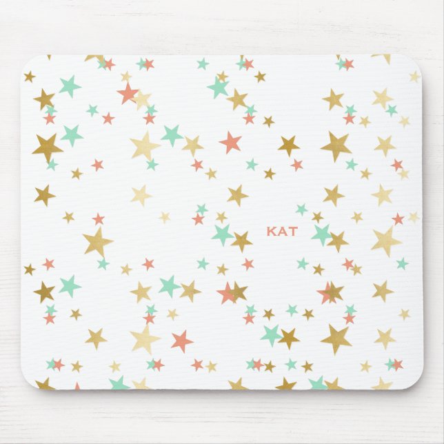 Peach, Mint and Gold Stars Confetti Monogram Mousepad (Vorne)