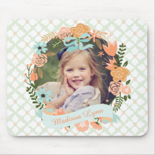 Peach Mint Girly Floral Wreath Foto Custom Mousepad