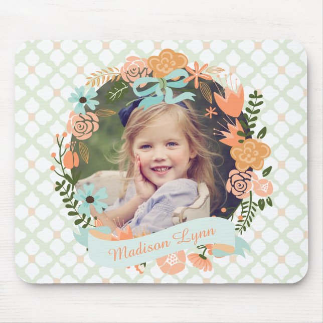 Peach Mint Girly Floral Wreath Foto Custom Mousepad (Vorne)