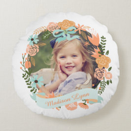 Peach Mint Girly Floral Wreath Foto Custom Rundes Kissen