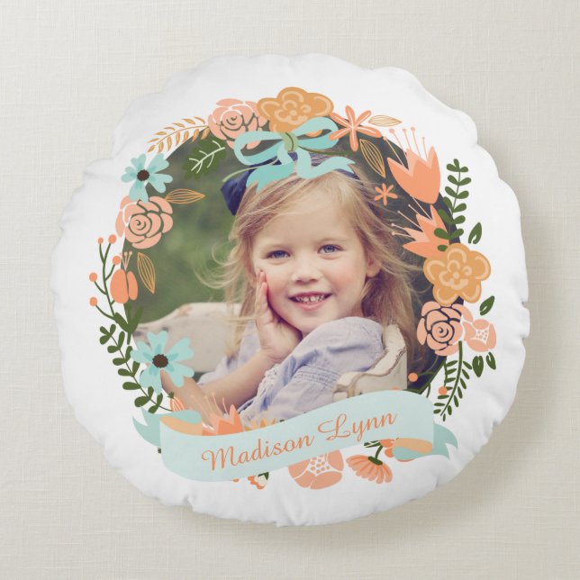 Peach Mint Girly Floral Wreath Foto Custom Rundes Kissen (Vorderseite)