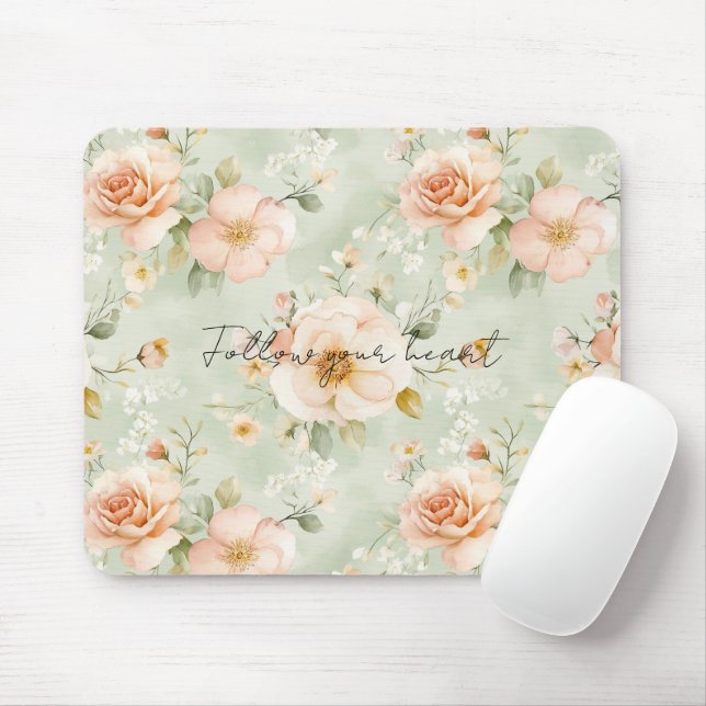 Peach Mint Pretty Rose Floral Mousepad (Mit Mouse)