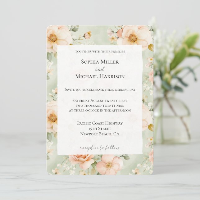 Peach Mint Pretty Rose Floral Wedding Einladung (Stehend Vorderseite)