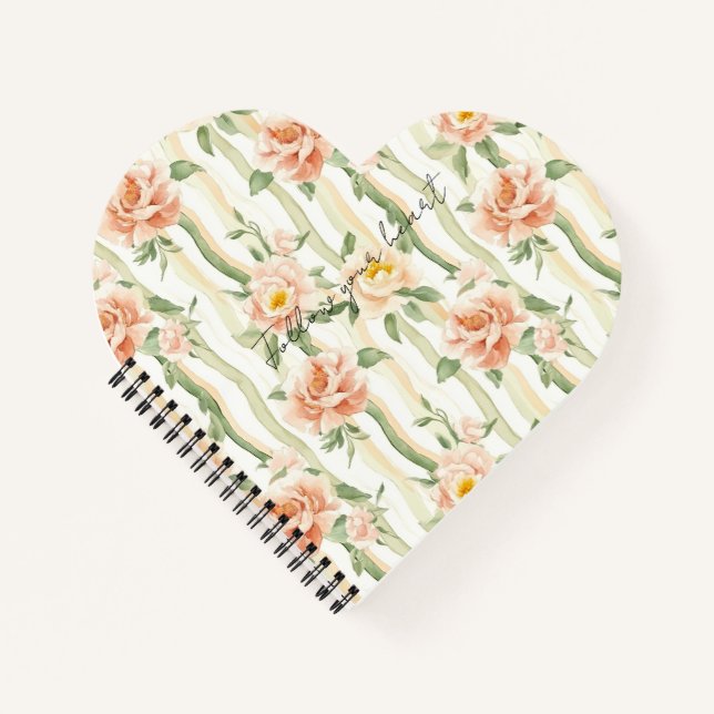 Peach Mint Pretty Roses Floral Stripes Notizbuch (Vorderseite)
