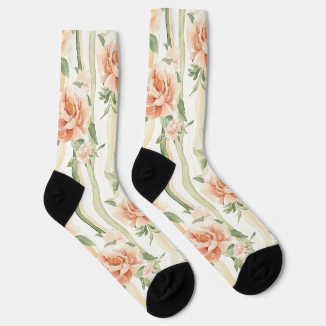 Peach Mint Pretty Roses Floral Stripes Socken (Rechts)