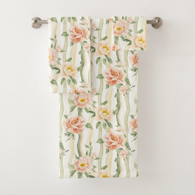 Peach Mint Roses Floral Stripes   Badhandtuch Set (Insitu)