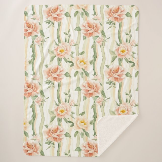 Peach Mint Roses Floral Stripes Birthday Sherpadecke (Vorderseite)