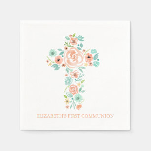 Peach Mint Wasserfarbe Blume Kreuz Erste Kommune Serviette