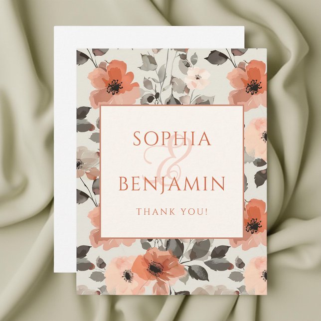 Peach Modern Floral Wedding Dankeskarte (Von Creator hochgeladen)