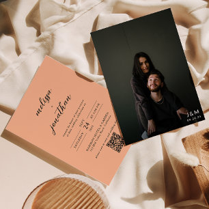 Peach Modern Foto Script Monogram QR code Wedding Einladung