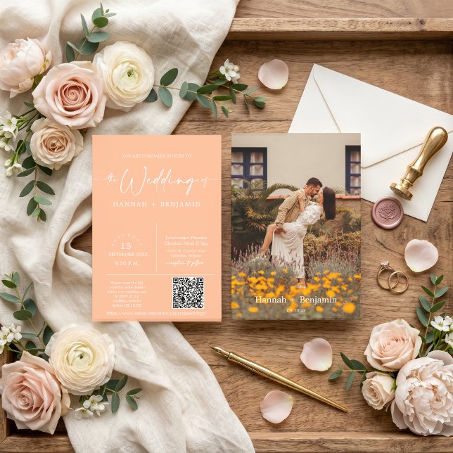 Peach Modern Minimalistisch Wedding Arch QR Code F Einladung (Von Creator hochgeladen)