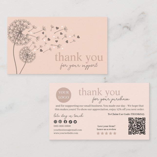 Peach Modern Script QR Code, vielen Dank Visitenkarte (Vorne/Hinten)